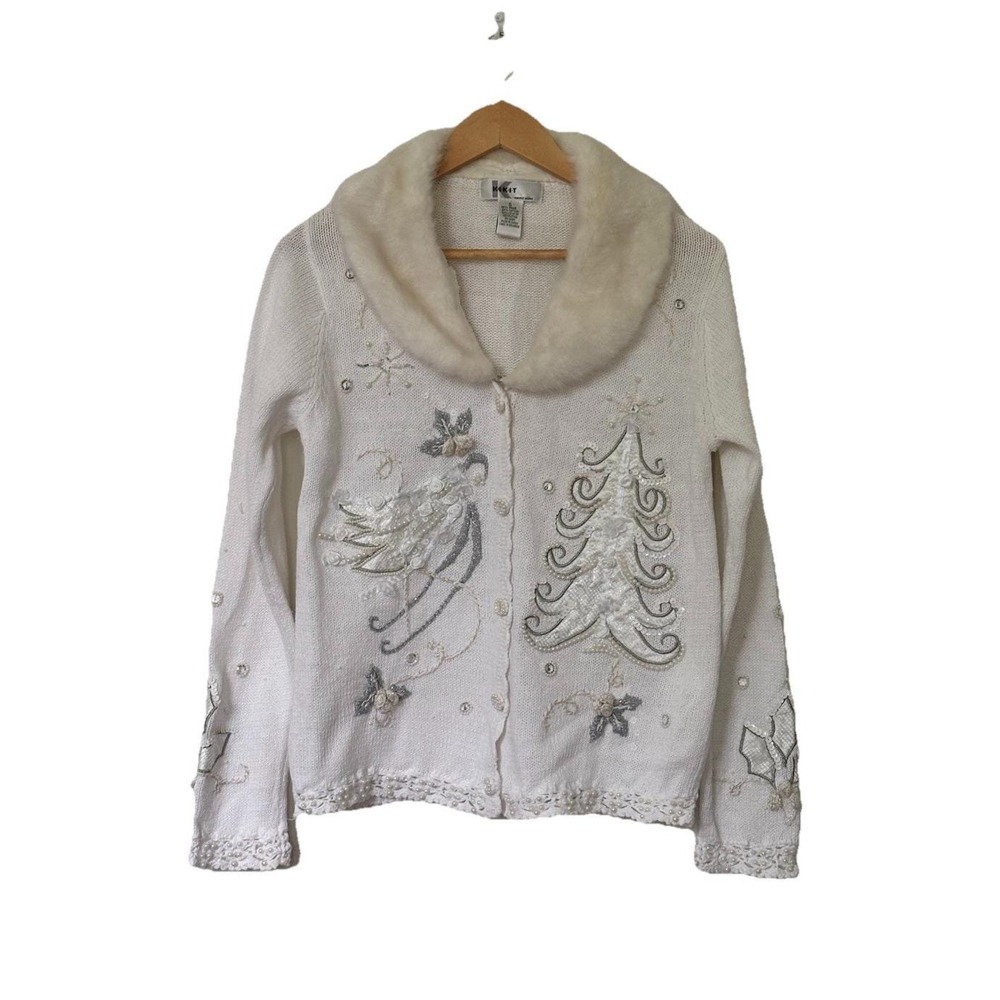 Vintage Kikit Womens Holiday Knit Beaded Cardigan Ivory Sz SM Granny Cottagecore